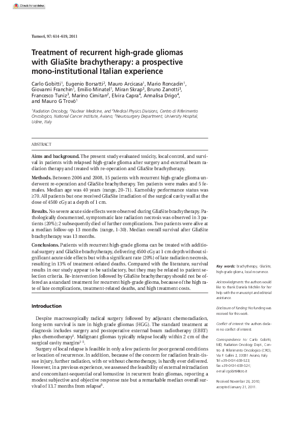 (PDF) Treatment of recurrent high grade gliomas with hypofractionated ...
