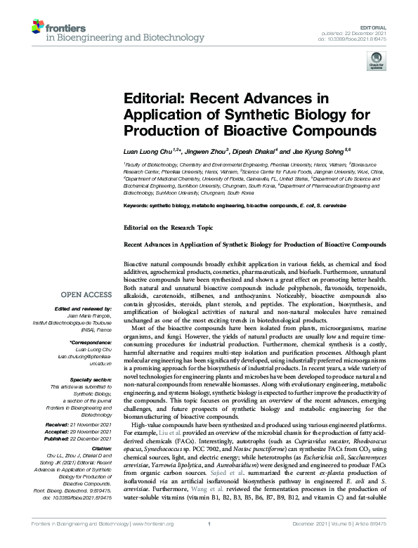 (PDF) Editorial: Recent Advances in Application of Synthetic Biology ...