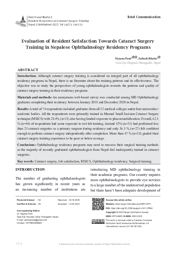 (PDF) Evaluation of Resident Satisfaction Towards Cataract Surgery ...