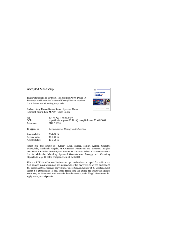 (PDF) Functional and structural insights into novel DREB1A ...