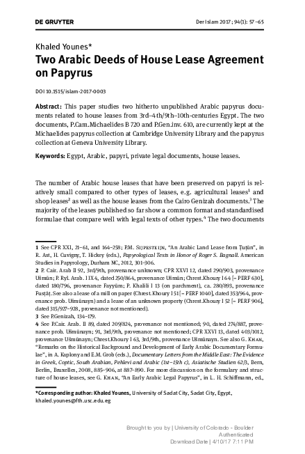 (PDF) Two Arabic Deeds of House Lease Agreement on Papyrus