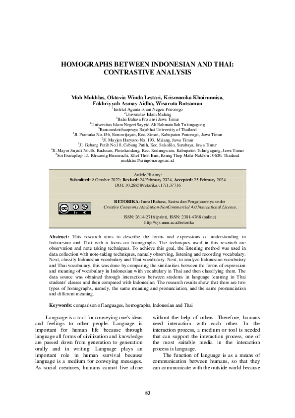 (PDF) Homographs Between Indonesian and Thai: Contrastive Analysis