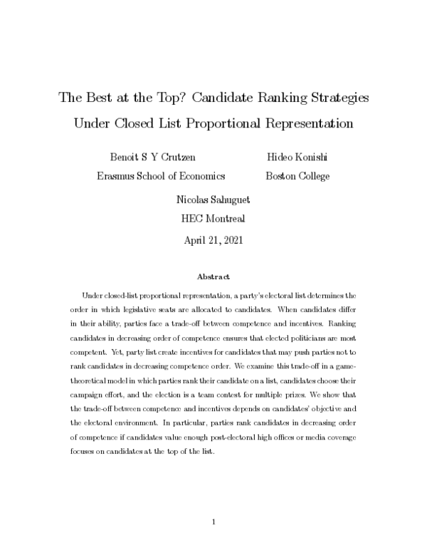 (PDF) The Best at the Top? Candidate Ranking Strategies Under Closed ...