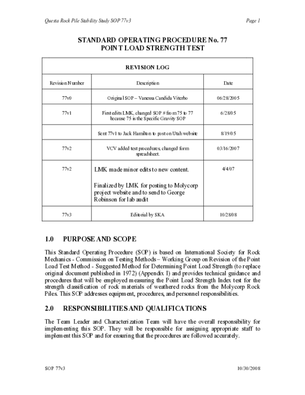 (PDF) STANDARD OPERATING PROCEDURE No. 77 POINT LOAD STRENGTH TEST