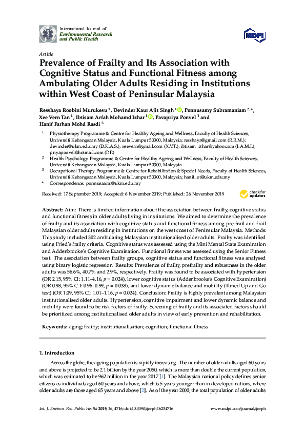 (PDF) Prevalence of Frailty and its Association with Cognitive Status ...