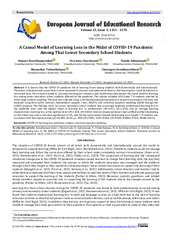 (PDF) A Causal Model of Learning Loss in the Midst of COVID-19 Pandemic ...