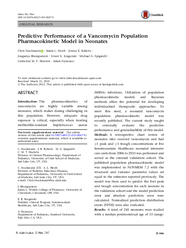 (PDF) Predictive performance of Vancomycin population pharmacokinetic ...