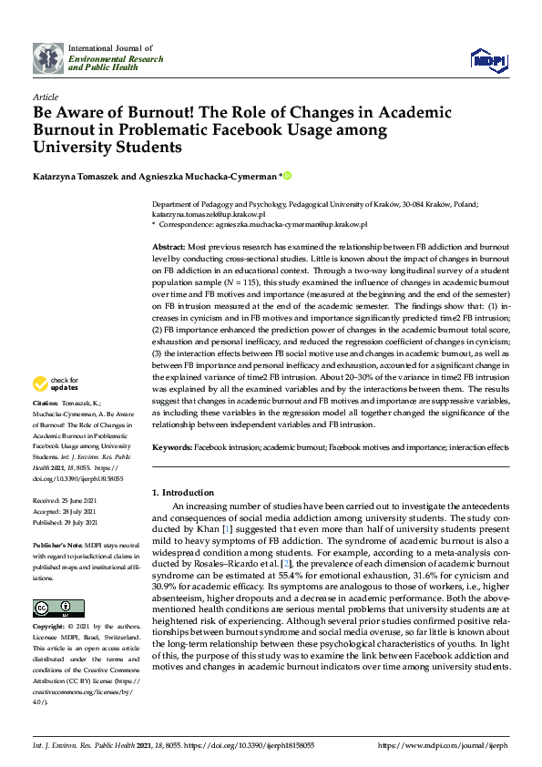 (PDF) Be Aware of Burnout! The Role of Changes in Academic Burnout in ...