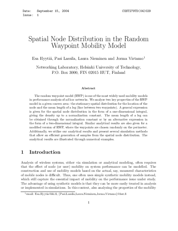 (PDF) Spatial node distribution in the random waypoint mobility model