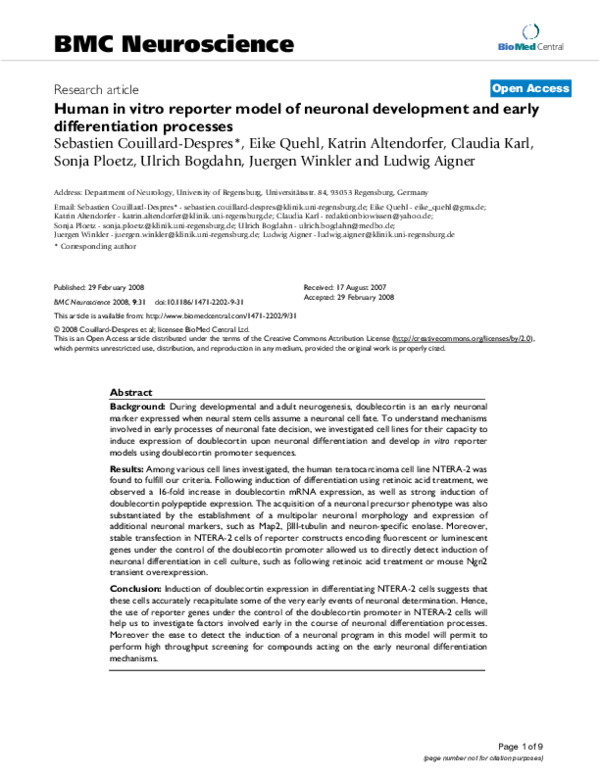 (PDF) Human in vitro reporter model of neuronal development and early ...