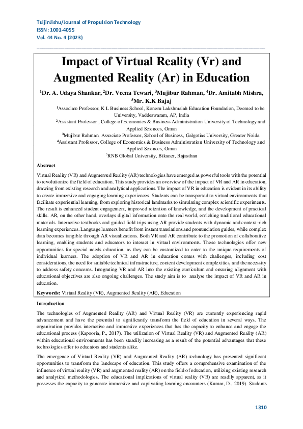 (PDF) Impact of Virtual Reality (Vr) and Augmented Reality (Ar) in ...