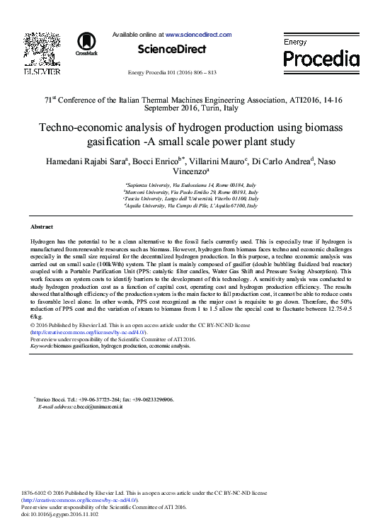 (PDF) Techno-economic Analysis of Hydrogen Production Using Biomass ...