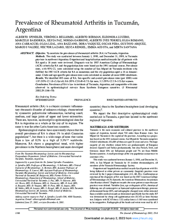 (PDF) Prevalence of rheumatoid arthritis in Tucumán, Argentina