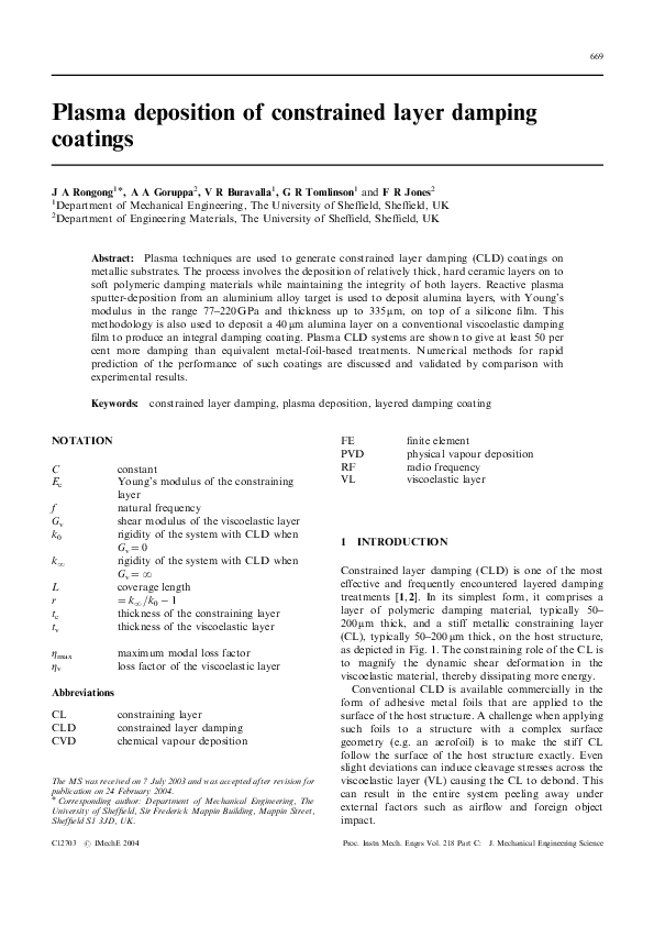 (PDF) Plasma deposition of constrained layer damping coatings