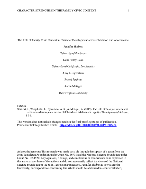 (PDF) CHARACTER STRENGTHS IN THE FAMILY CIVIC CONTEXT 1 The Role of ...
