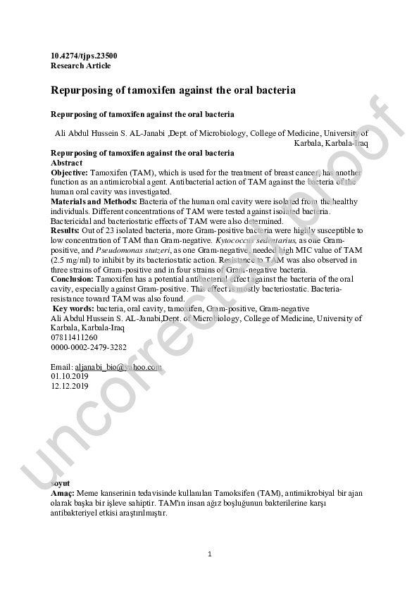(PDF) Repurposing of tamoxifen against the oral bacteria