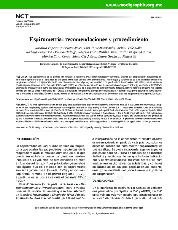 (PDF) Spirometry: recommendations and procedure