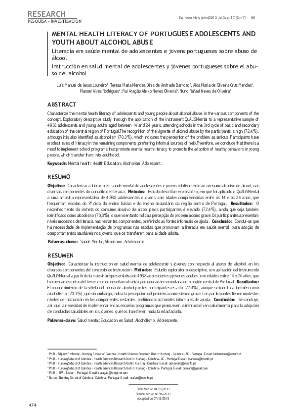 (PDF) Mental Health Literacy of Portuguese Adolescents and Youth About ...