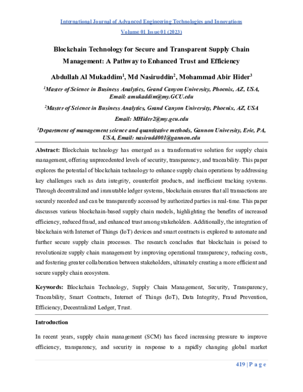 (PDF) Blockchain Technology for Secure and Transparent Supply Chain ...
