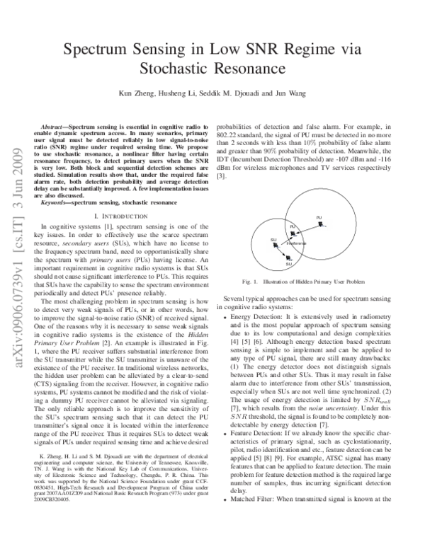 (PDF) Spectrum sensing in low SNR regime via stochastic resonance