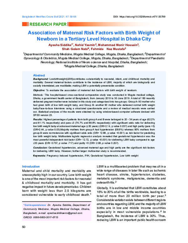 (PDF) Association of Maternal Risk Factors with Birth Weight of Newborn ...
