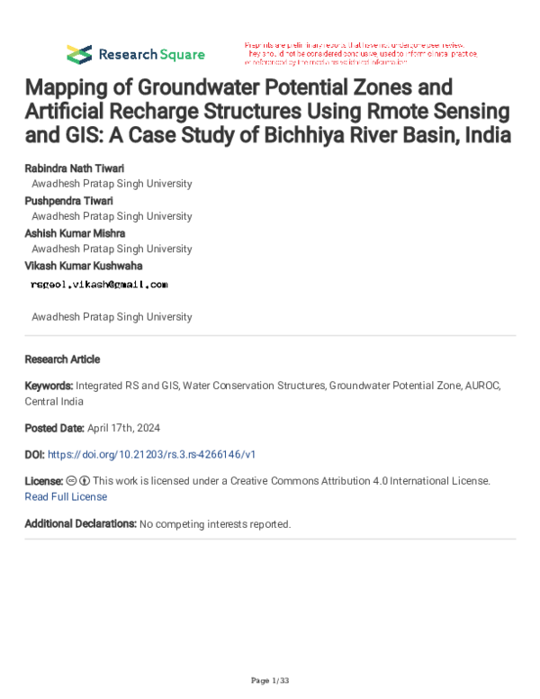 (PDF) Mapping of Groundwater Potential Zones and Artificial Recharge ...