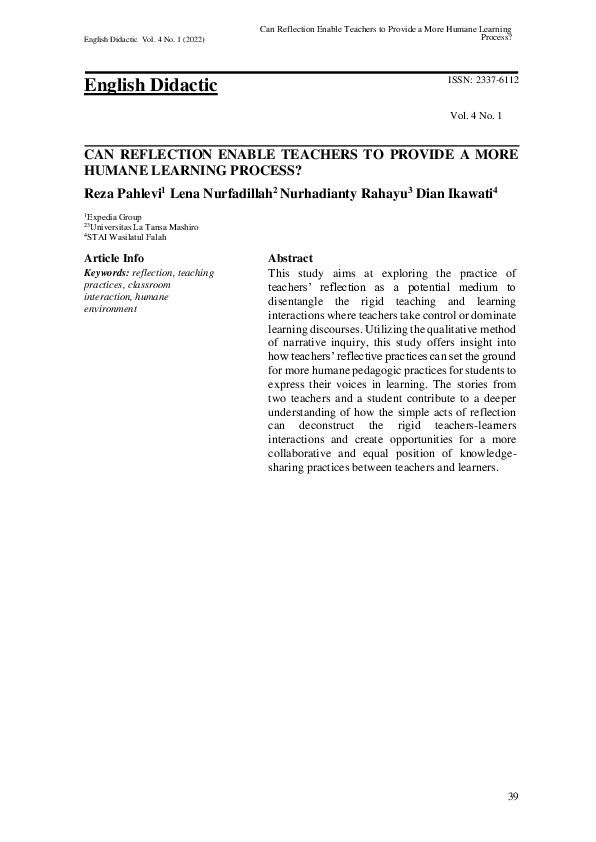 (PDF) Can Reflection Enable Teachers to Provide a More Humane Learning ...