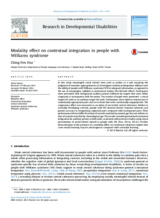 (PDF) Modality effect on contextual integration in people with Williams ...