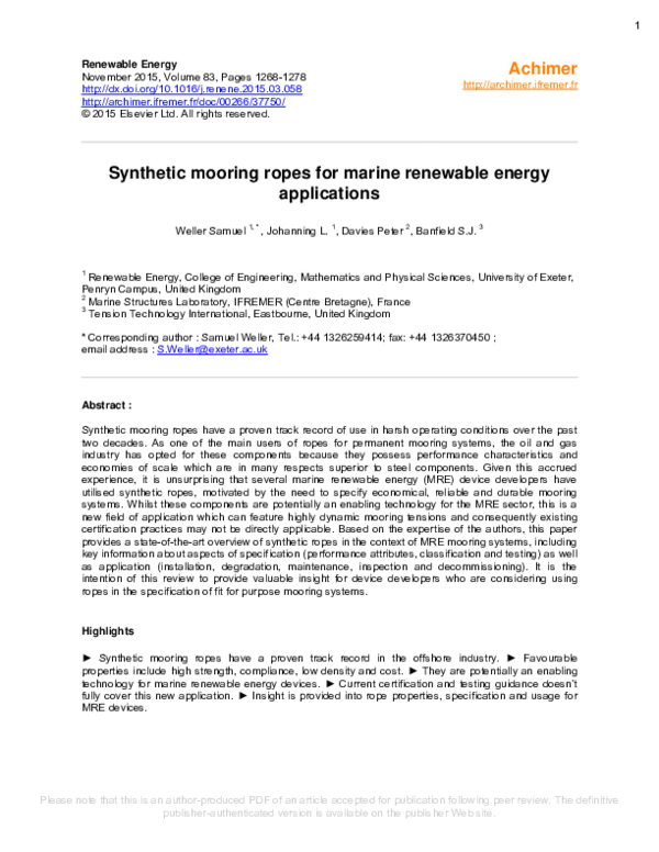 (PDF) Synthetic mooring ropes for marine renewable energy applications