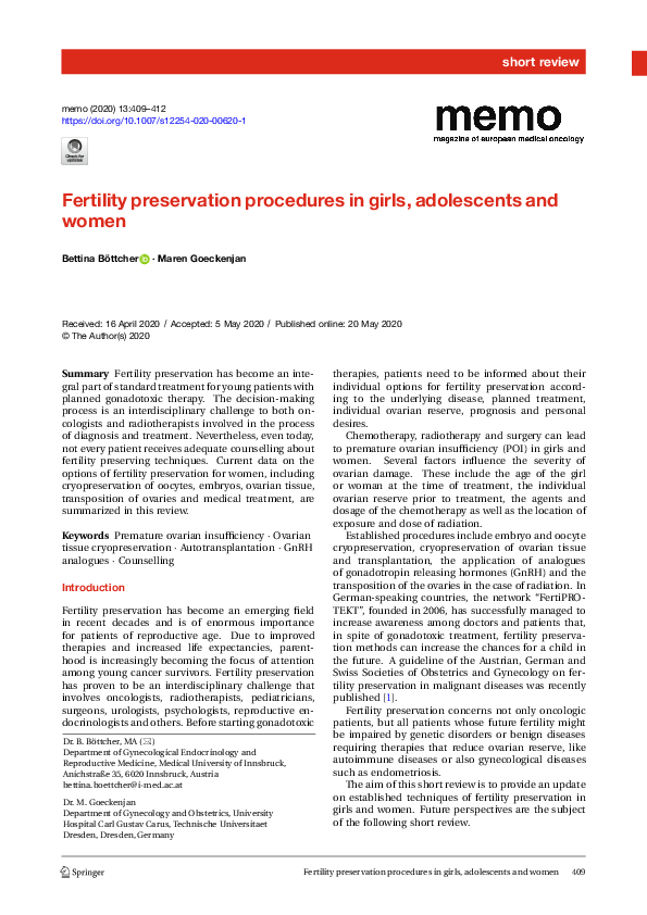 (PDF) Fertility preservation procedures in girls, adolescents and women