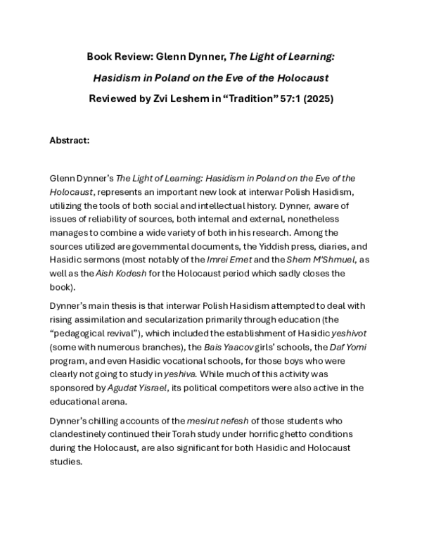 (PDF) Book Review (abstract): Glenn Dynner, The Light of Learning ...