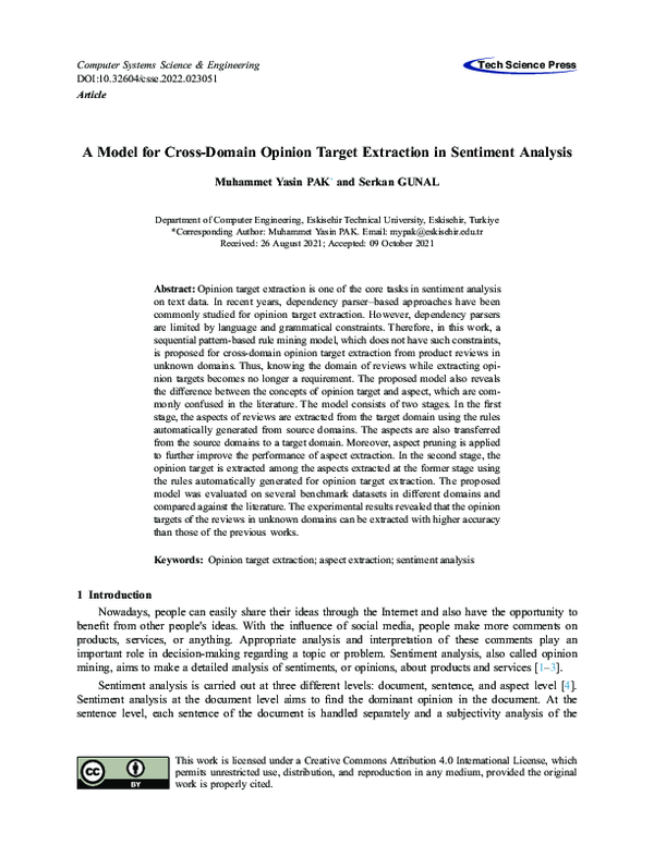 (PDF) A Model for Cross-Domain Opinion Target Extraction in Sentiment ...