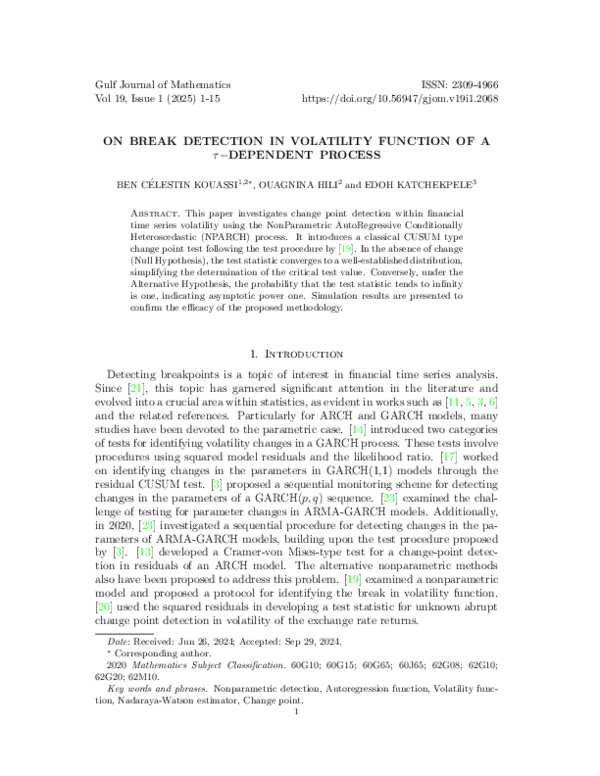 (PDF) ON BREAK DETECTION IN VOLATILITY FUNCTION OF A τ -DEPENDENT PROCESS
