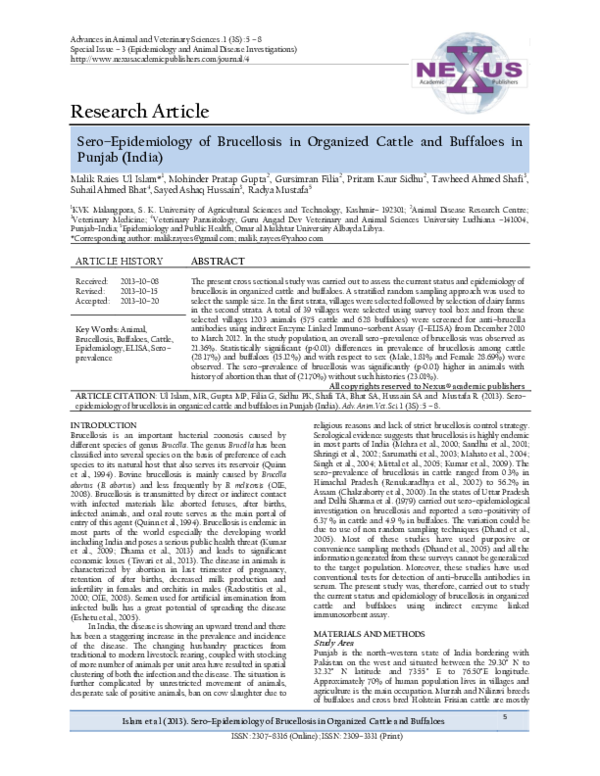 (PDF) Sero–Epidemiology of Brucellosis in Organized Cattle and ...