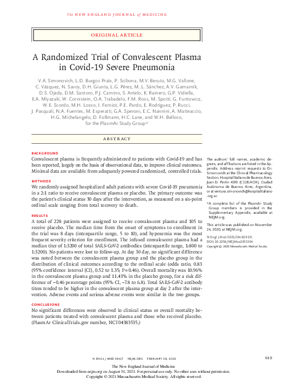 (PDF) A Randomized Trial of Convalescent Plasma in Covid-19 Severe ...