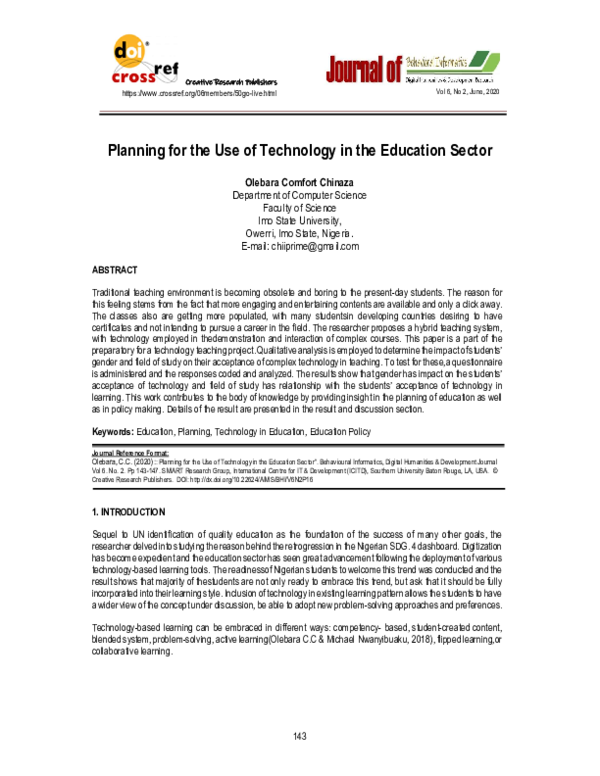 (PDF) Planning for the Use of Technology in the Education Sector