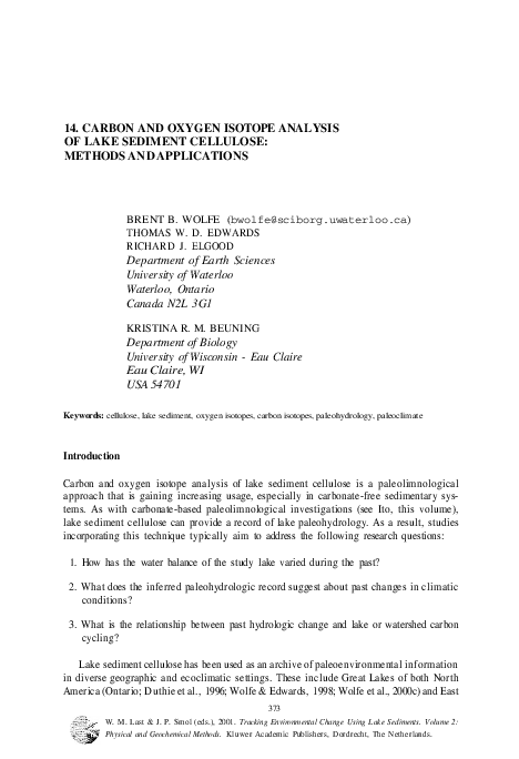 (PDF) 14. Carbon and Oxygen Isotope Analysis of Lake Sediment Cellulose ...