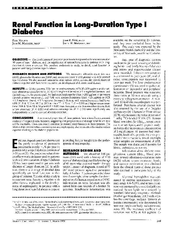(PDF) Renal Function in Long-Duration Type I Diabetes