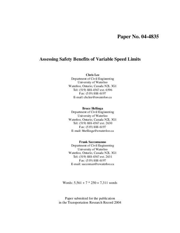 (PDF) Assessing Safety Benefits of Variable Speed Limits