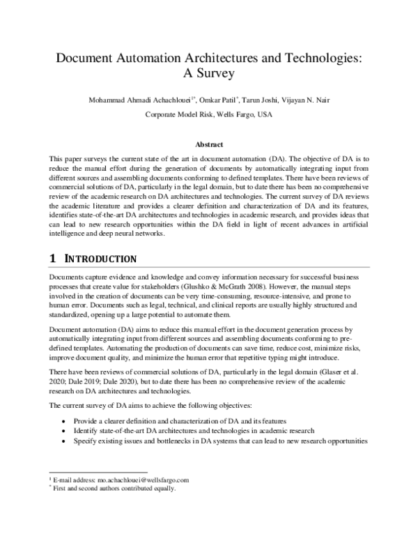 (PDF) Document Automation Architectures and Technologies: A Survey