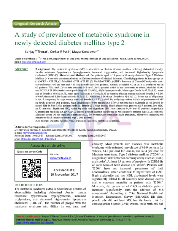 (PDF) A study of prevalence of metabolic syndrome in newly detected ...