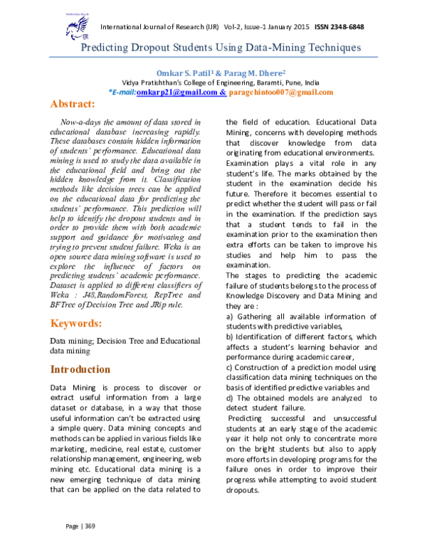 (PDF) Predicting Dropout Students Using Data Mining Techniques