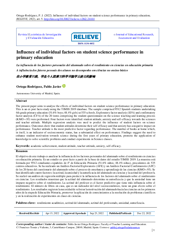 (PDF) Influence of individual factors on student science performance in ...