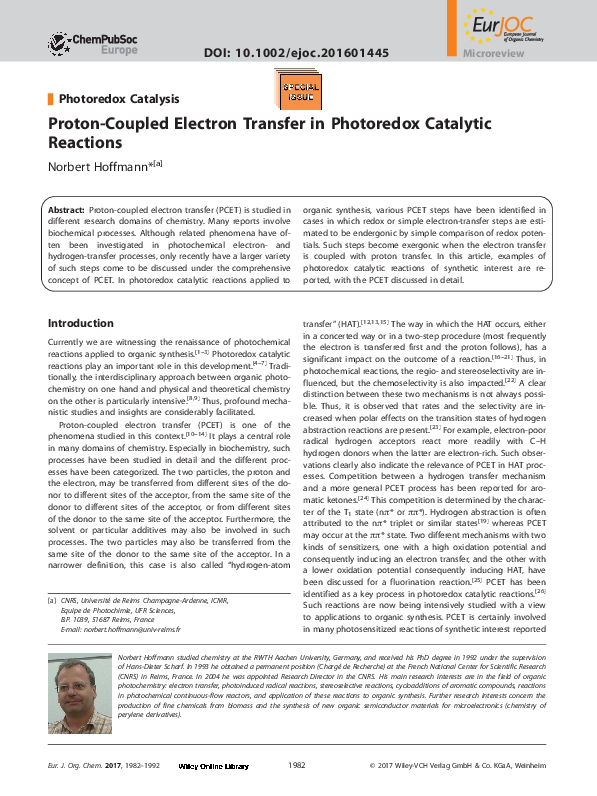 (PDF) Proton-Coupled Electron Transfer in Photoredox Catalytic Reactions