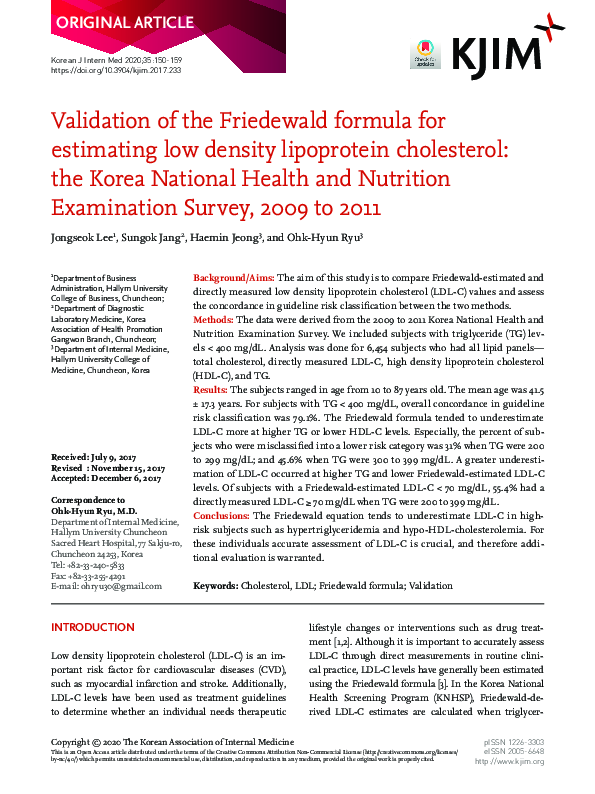 (PDF) Validation of the Friedewald formula for estimating low density ...