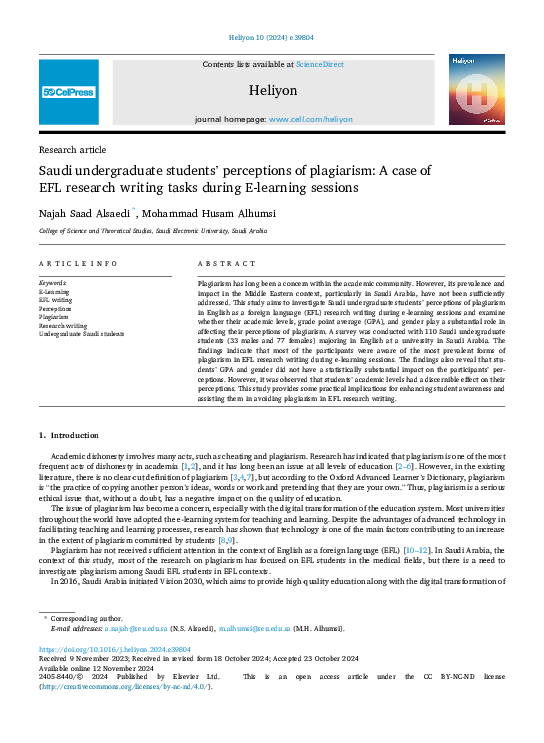 (PDF) Saudi undergraduate students' perceptions of plagiarism: A case ...