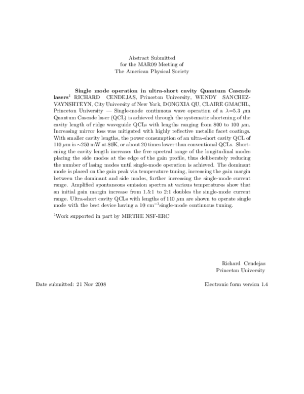 (PDF) Single mode operation in ultra-short cavity Quantum Cascade lasers