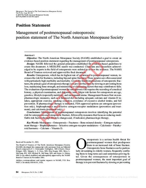 (PDF) Management of postmenopausal osteoporosis: position statement of ...