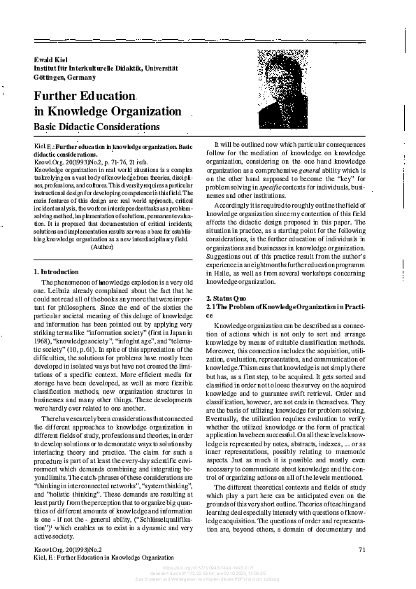 (PDF) Further education in Knowledge Organization. Basic didactic ...