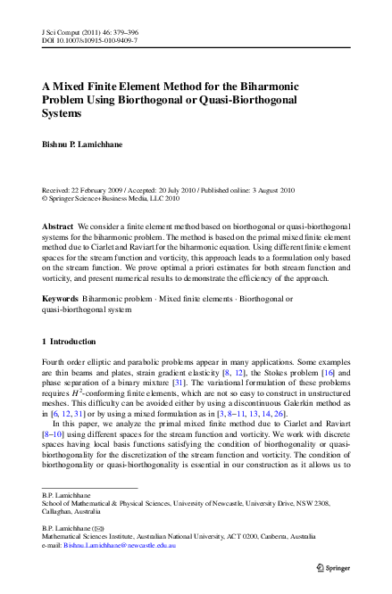 (PDF) A Mixed Finite Element Method for the Biharmonic Problem Using ...